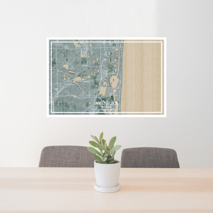 24x36 Aventura Florida Map Print Lanscape Orientation in Afternoon Style Behind 2 Chairs Table and Potted Plant