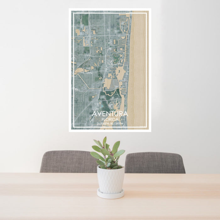 24x36 Aventura Florida Map Print Portrait Orientation in Afternoon Style Behind 2 Chairs Table and Potted Plant