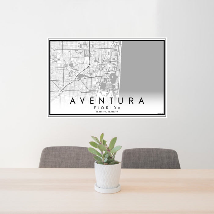 24x36 Aventura Florida Map Print Lanscape Orientation in Classic Style Behind 2 Chairs Table and Potted Plant