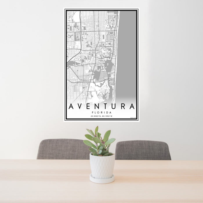 24x36 Aventura Florida Map Print Portrait Orientation in Classic Style Behind 2 Chairs Table and Potted Plant