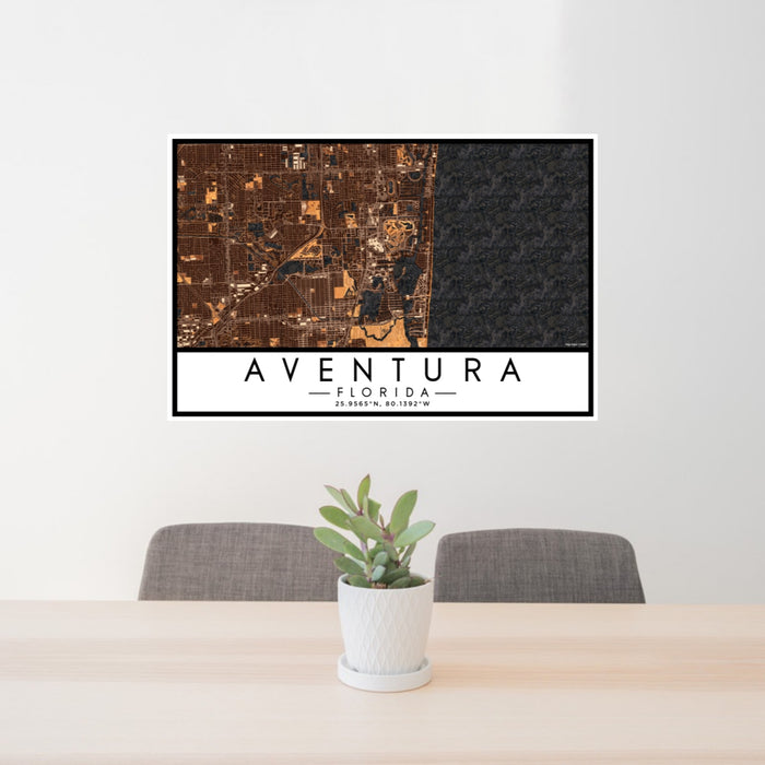 24x36 Aventura Florida Map Print Lanscape Orientation in Ember Style Behind 2 Chairs Table and Potted Plant