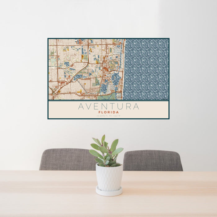 24x36 Aventura Florida Map Print Lanscape Orientation in Woodblock Style Behind 2 Chairs Table and Potted Plant