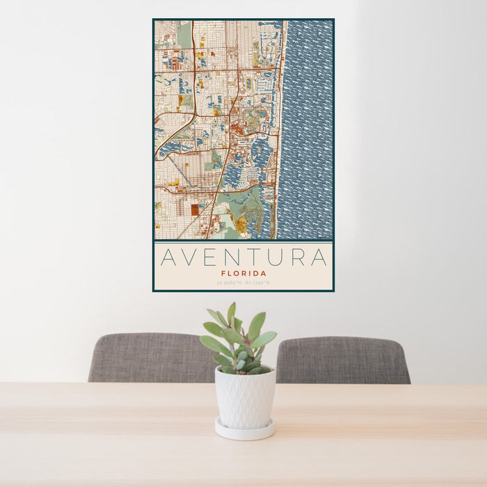 24x36 Aventura Florida Map Print Portrait Orientation in Woodblock Style Behind 2 Chairs Table and Potted Plant