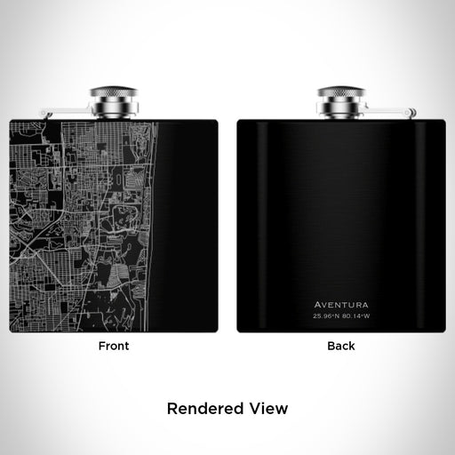 Rendered View of Aventura Florida Map Engraving on 6oz Stainless Steel Flask in Black