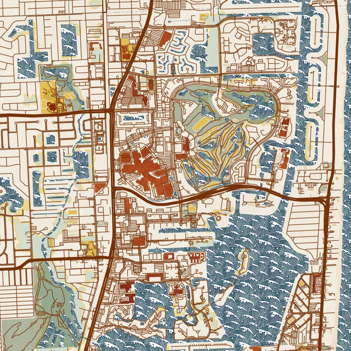 Aventura Florida Map Print in Woodblock Style Zoomed In Close Up Showing Details