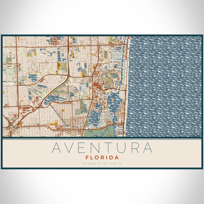 Aventura Florida Map Print Landscape Orientation in Woodblock Style With Shaded Background