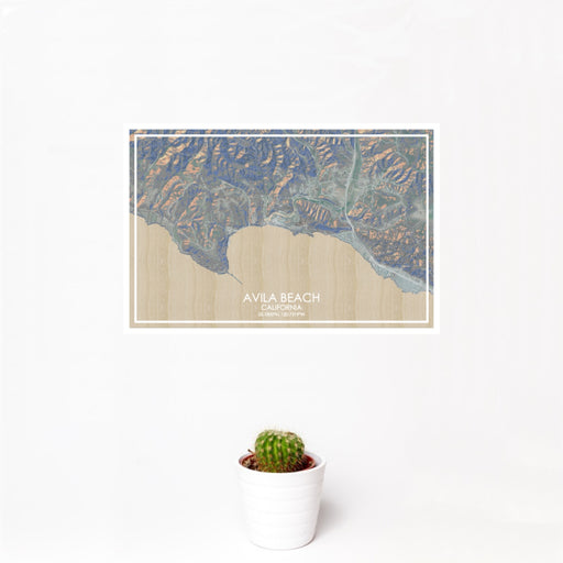 12x18 Avila Beach California Map Print Landscape Orientation in Afternoon Style With Small Cactus Plant in White Planter