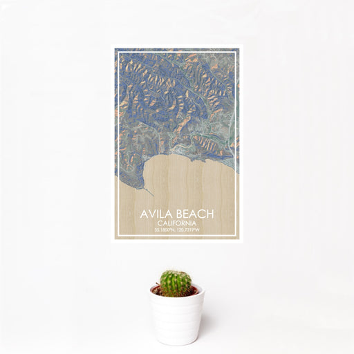 12x18 Avila Beach California Map Print Portrait Orientation in Afternoon Style With Small Cactus Plant in White Planter