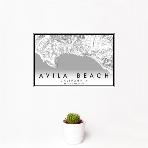 12x18 Avila Beach California Map Print Landscape Orientation in Classic Style With Small Cactus Plant in White Planter