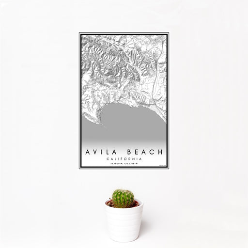 12x18 Avila Beach California Map Print Portrait Orientation in Classic Style With Small Cactus Plant in White Planter
