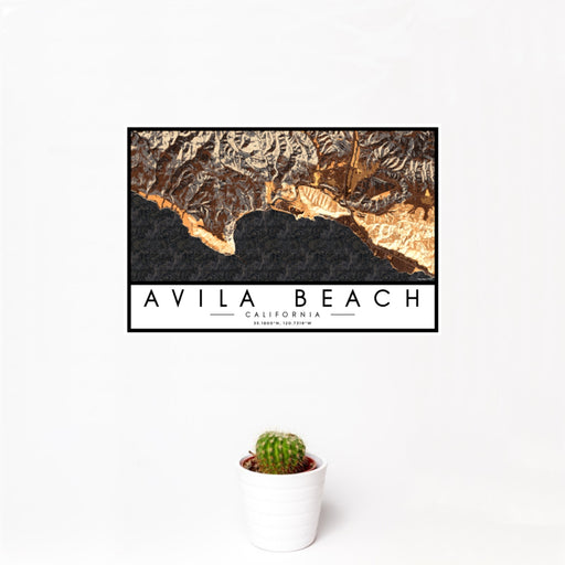 12x18 Avila Beach California Map Print Landscape Orientation in Ember Style With Small Cactus Plant in White Planter