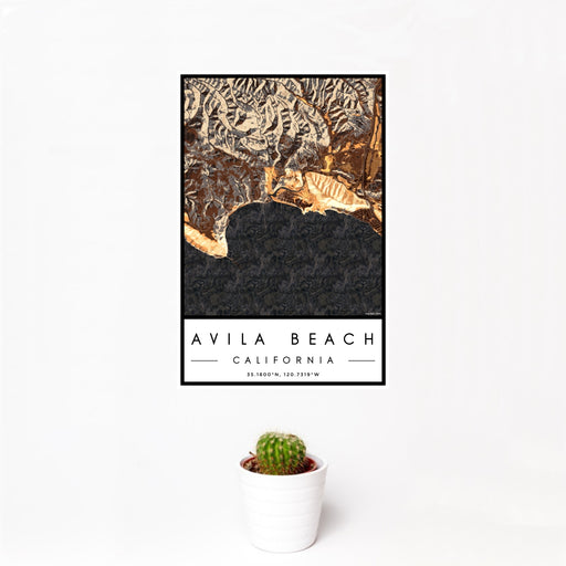 12x18 Avila Beach California Map Print Portrait Orientation in Ember Style With Small Cactus Plant in White Planter