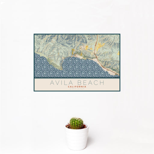 12x18 Avila Beach California Map Print Landscape Orientation in Woodblock Style With Small Cactus Plant in White Planter