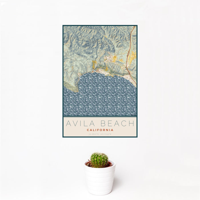 12x18 Avila Beach California Map Print Portrait Orientation in Woodblock Style With Small Cactus Plant in White Planter