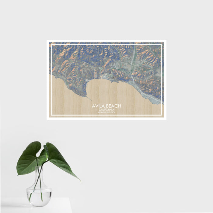 16x24 Avila Beach California Map Print Landscape Orientation in Afternoon Style With Tropical Plant Leaves in Water