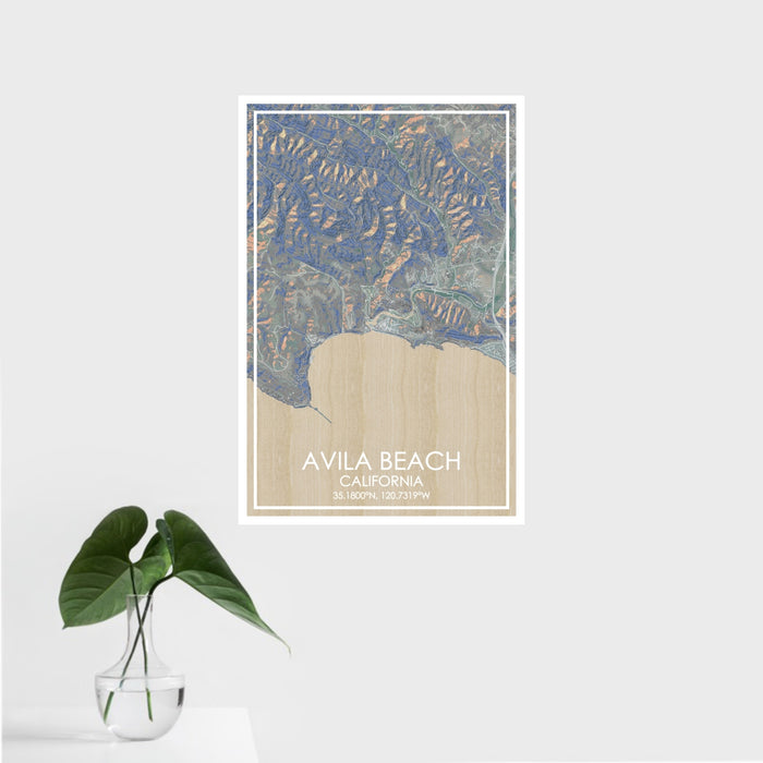16x24 Avila Beach California Map Print Portrait Orientation in Afternoon Style With Tropical Plant Leaves in Water