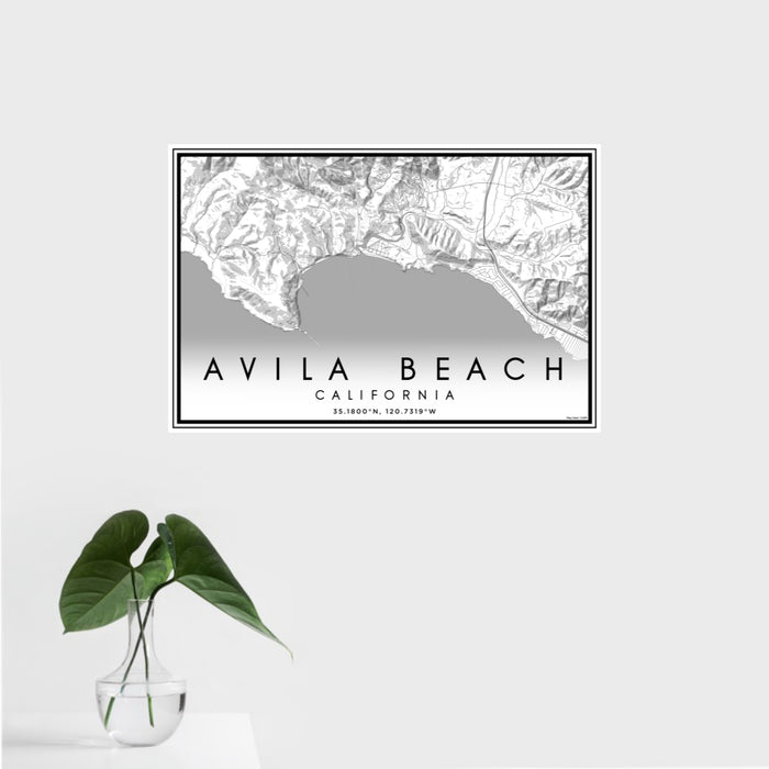 16x24 Avila Beach California Map Print Landscape Orientation in Classic Style With Tropical Plant Leaves in Water