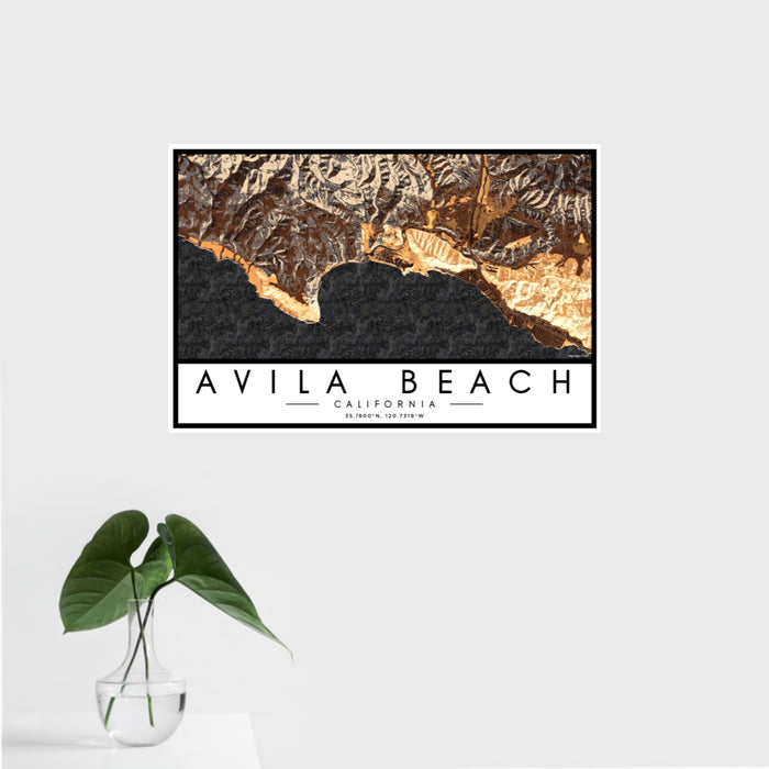 16x24 Avila Beach California Map Print Landscape Orientation in Ember Style With Tropical Plant Leaves in Water
