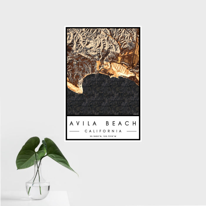 16x24 Avila Beach California Map Print Portrait Orientation in Ember Style With Tropical Plant Leaves in Water