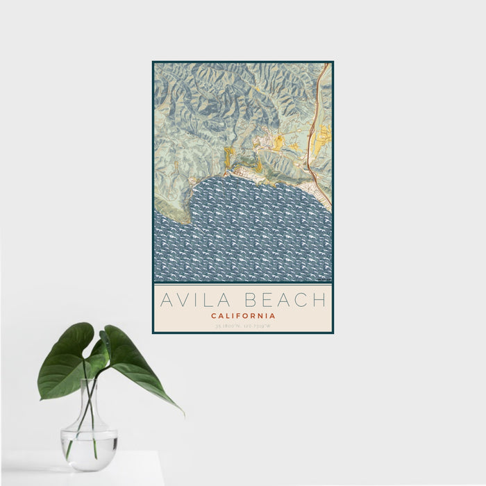 16x24 Avila Beach California Map Print Portrait Orientation in Woodblock Style With Tropical Plant Leaves in Water