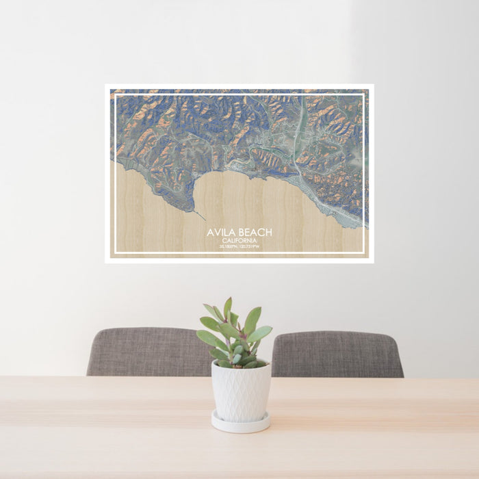 24x36 Avila Beach California Map Print Lanscape Orientation in Afternoon Style Behind 2 Chairs Table and Potted Plant