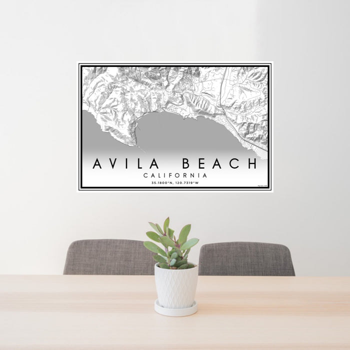 24x36 Avila Beach California Map Print Lanscape Orientation in Classic Style Behind 2 Chairs Table and Potted Plant