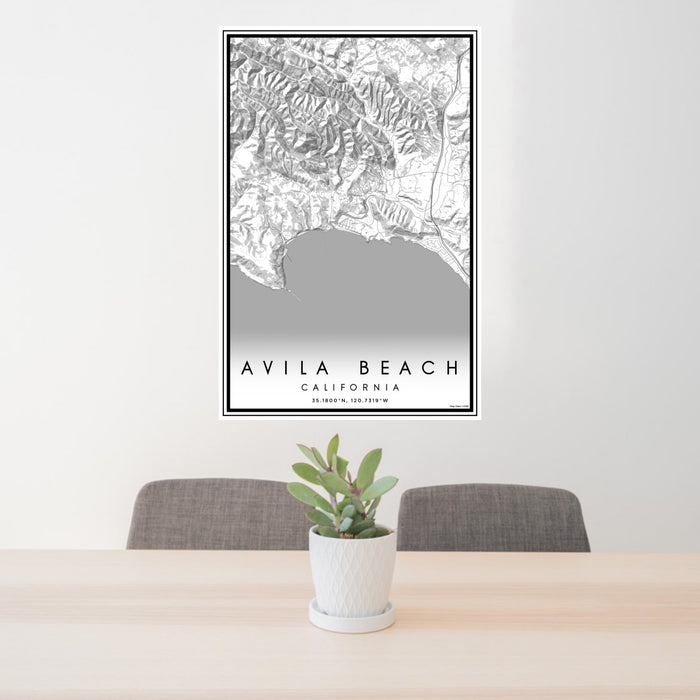 24x36 Avila Beach California Map Print Portrait Orientation in Classic Style Behind 2 Chairs Table and Potted Plant