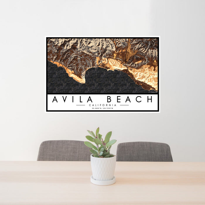 24x36 Avila Beach California Map Print Lanscape Orientation in Ember Style Behind 2 Chairs Table and Potted Plant