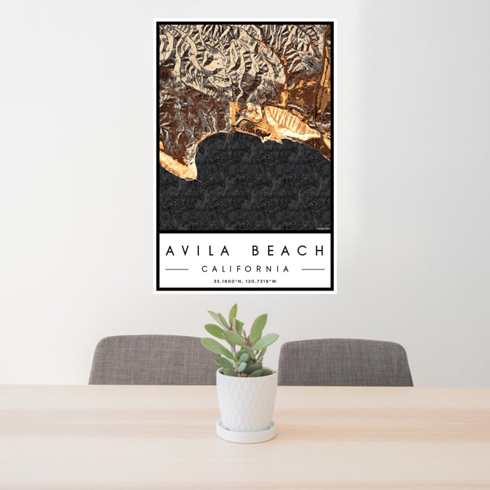 24x36 Avila Beach California Map Print Portrait Orientation in Ember Style Behind 2 Chairs Table and Potted Plant