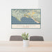 24x36 Avila Beach California Map Print Lanscape Orientation in Woodblock Style Behind 2 Chairs Table and Potted Plant