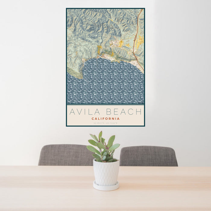 24x36 Avila Beach California Map Print Portrait Orientation in Woodblock Style Behind 2 Chairs Table and Potted Plant