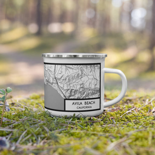 Right View Custom Avila Beach California Map Enamel Mug in Classic on Grass With Trees in Background