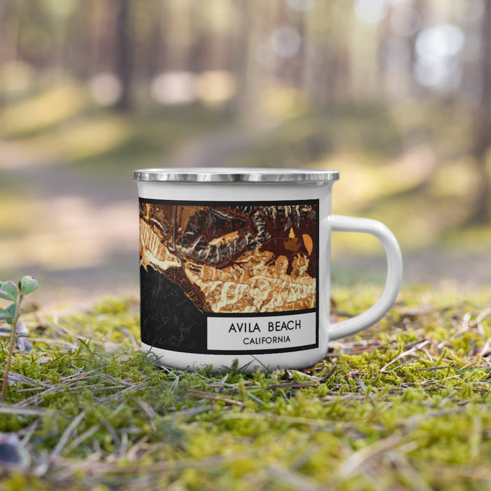 Right View Custom Avila Beach California Map Enamel Mug in Ember on Grass With Trees in Background