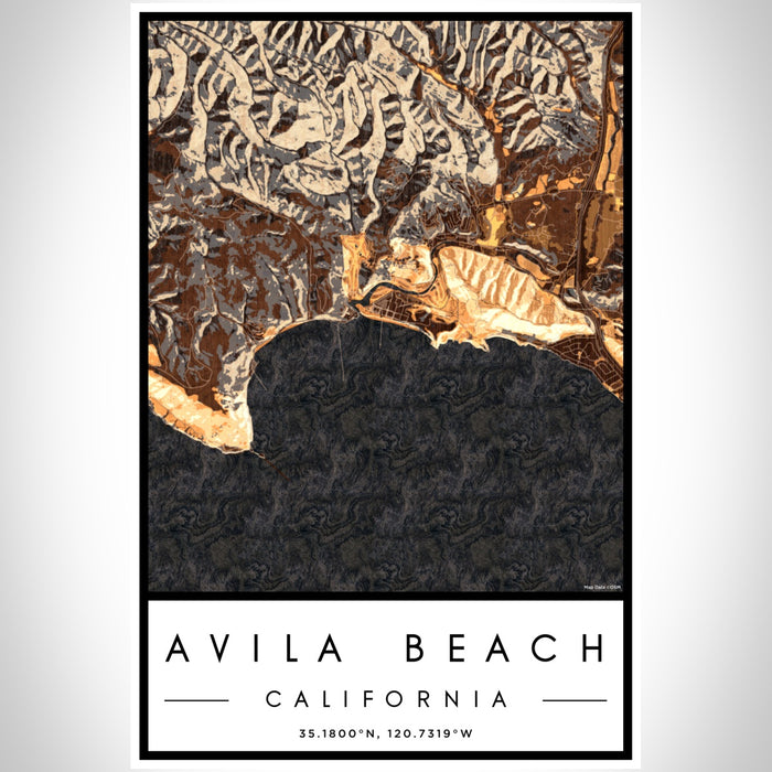 Avila Beach California Map Print Portrait Orientation in Ember Style With Shaded Background
