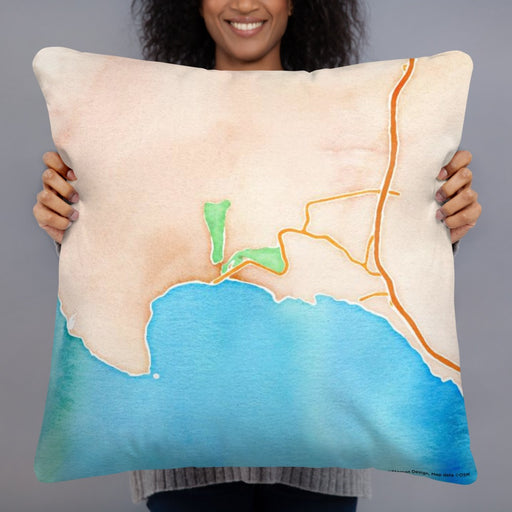 Person holding 22x22 Custom Avila Beach California Map Throw Pillow in Watercolor