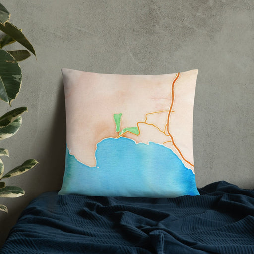 Custom Avila Beach California Map Throw Pillow in Watercolor on Bedding Against Wall