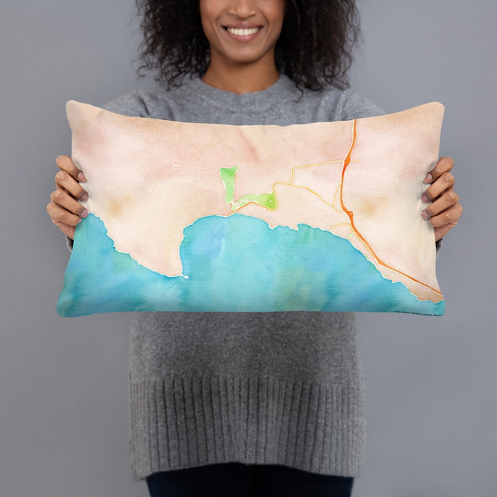 Person holding 20x12 Custom Avila Beach California Map Throw Pillow in Watercolor