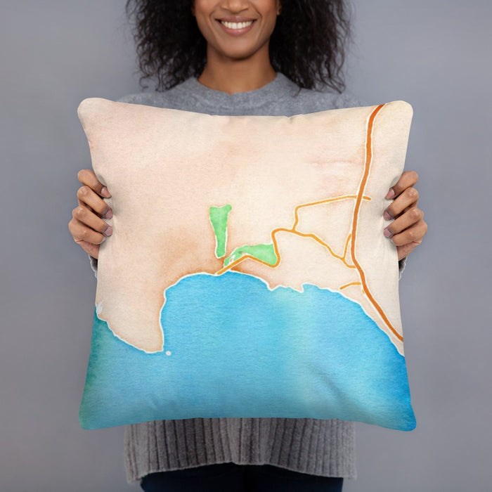 Person holding 18x18 Custom Avila Beach California Map Throw Pillow in Watercolor