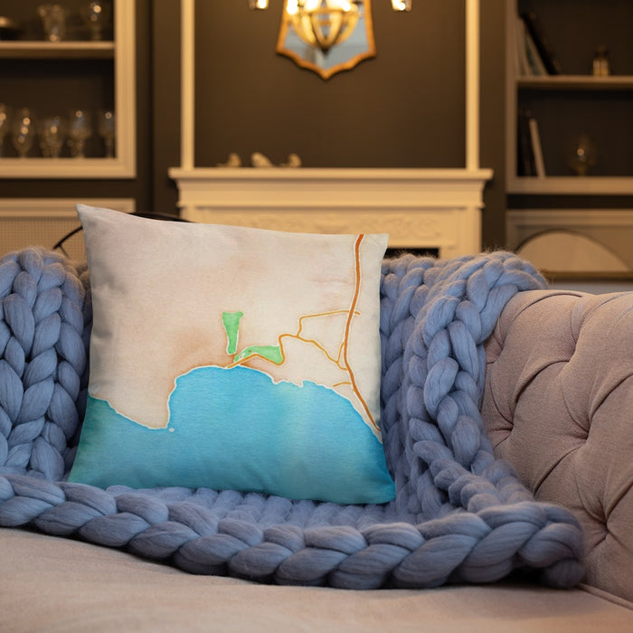Custom Avila Beach California Map Throw Pillow in Watercolor on Cream Colored Couch