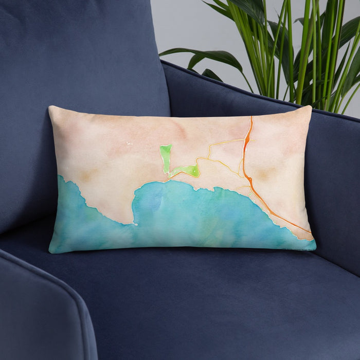 Custom Avila Beach California Map Throw Pillow in Watercolor on Blue Colored Chair