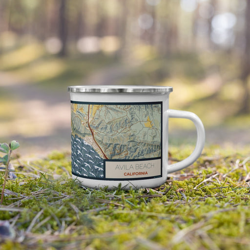 Right View Custom Avila Beach California Map Enamel Mug in Woodblock on Grass With Trees in Background