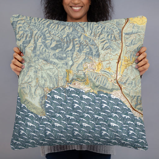 Person holding 22x22 Custom Avila Beach California Map Throw Pillow in Woodblock