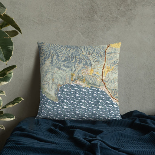 Custom Avila Beach California Map Throw Pillow in Woodblock on Bedding Against Wall
