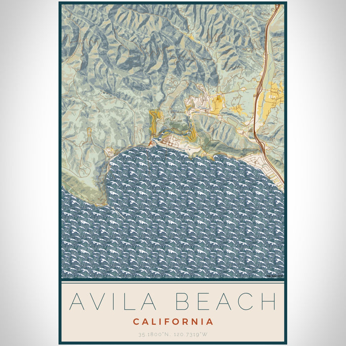Avila Beach California Map Print Portrait Orientation in Woodblock Style With Shaded Background