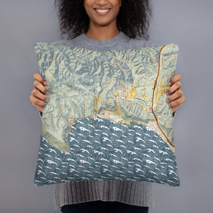 Person holding 18x18 Custom Avila Beach California Map Throw Pillow in Woodblock