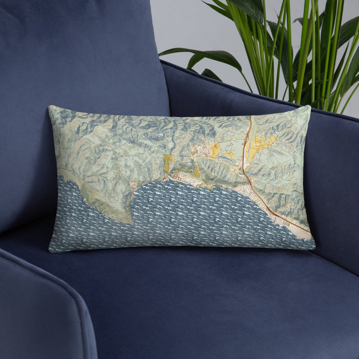 Custom Avila Beach California Map Throw Pillow in Woodblock on Blue Colored Chair