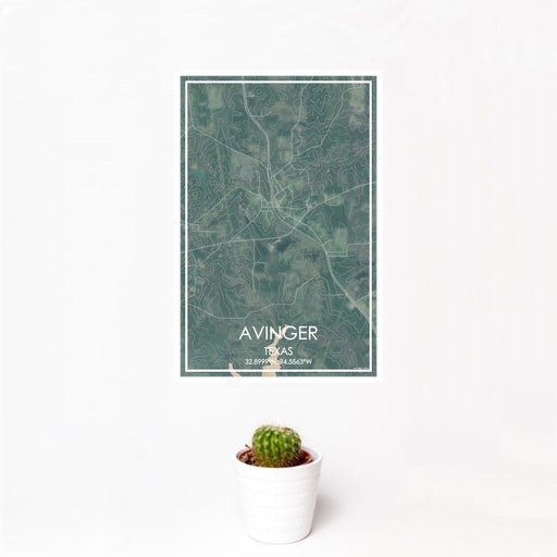 12x18 Avinger Texas Map Print Portrait Orientation in Afternoon Style With Small Cactus Plant in White Planter