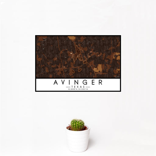 12x18 Avinger Texas Map Print Landscape Orientation in Ember Style With Small Cactus Plant in White Planter
