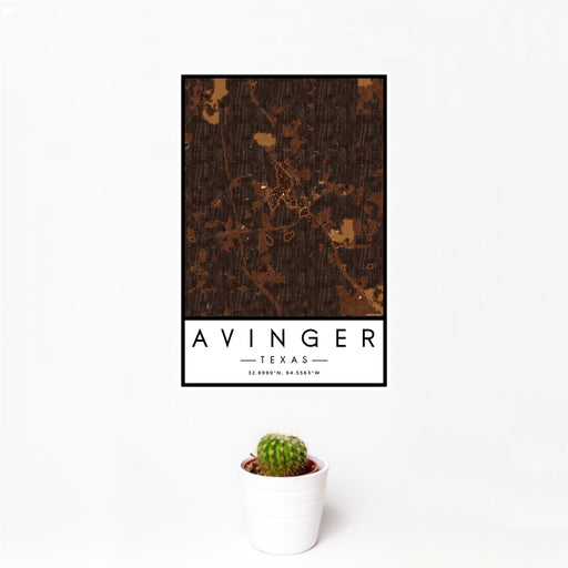 12x18 Avinger Texas Map Print Portrait Orientation in Ember Style With Small Cactus Plant in White Planter