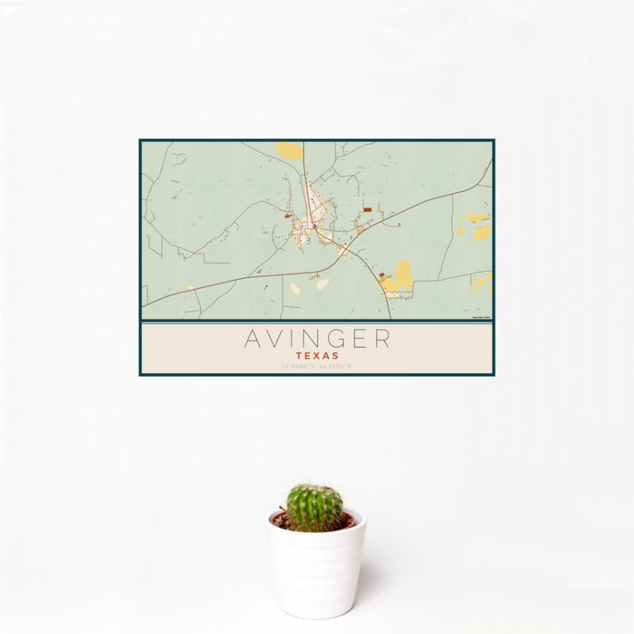12x18 Avinger Texas Map Print Landscape Orientation in Woodblock Style With Small Cactus Plant in White Planter
